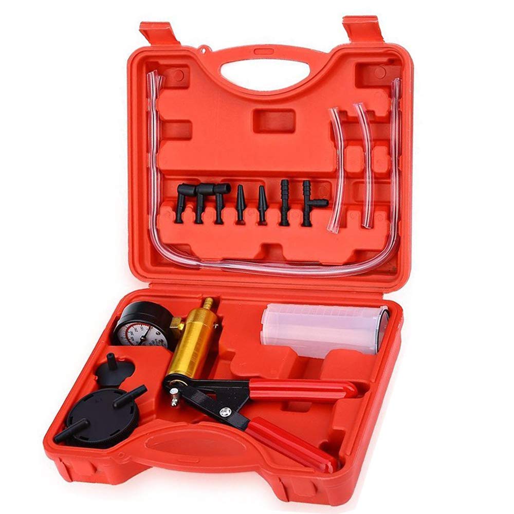Hand Held Vacuum Pump Tester Set Vacuum Gauge and Brake Bleeder Kit for Automotive with Adapters Sponge Protected Case 