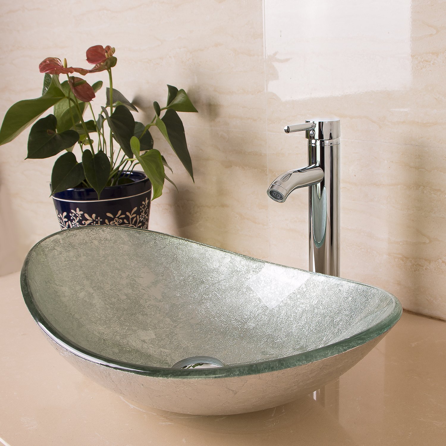 Tempered Glass Vessel Bathroom Vanity Sink Artistic Oval Washing Bowl ...